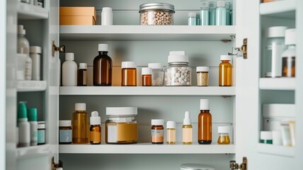 Fototapeta na wymiar A medicine cabinet with various bottles
