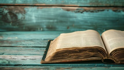 An open book on a blue wooden surface