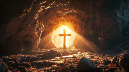 Cross in the entrance of the easter empty tomb. sunrise from the entrance of the tomb, easter christian risen.
