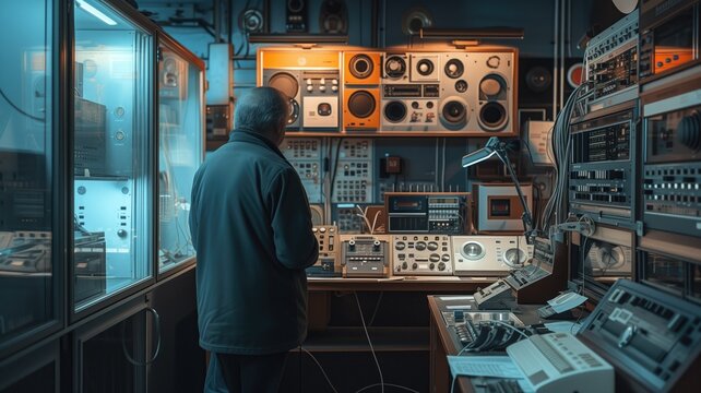 Person observing vintage audio equipment