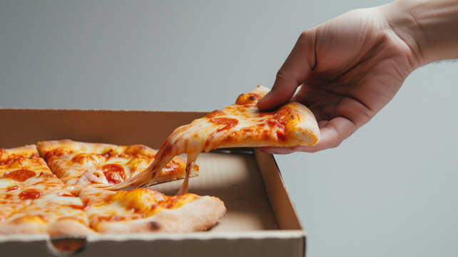 A hand pulling a slice of pepperoni pizza from a delivery box