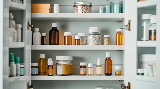A medicine cabinet with various bottles