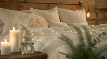 Bed With White Sheets, Pillows, and Candles
