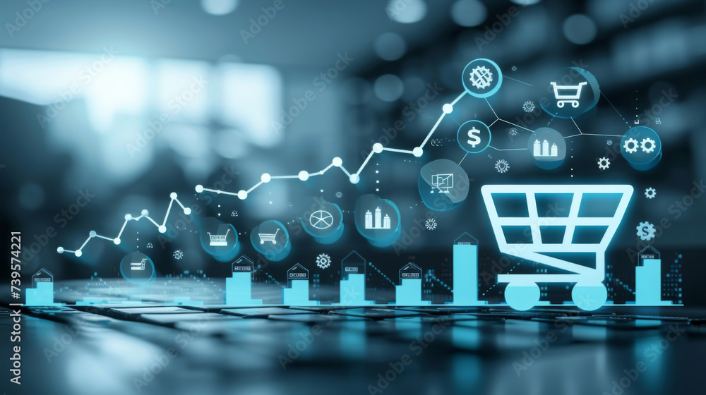 Poster a dynamic line graph displays the steady rise of ecommerce sales over time accompanied by a series o