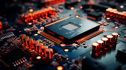 Electronic board with processor, microelectronics, chips, modern technology.