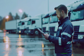 Logistics Professional with Tablet at Truck Fleet - obrazy, fototapety, plakaty
