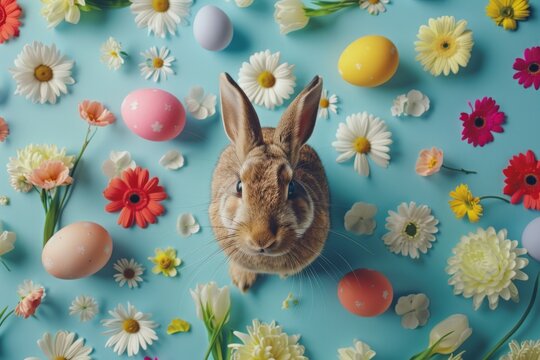 Happy Easter Eggs Basket easter doormat. Bunny in easter monday festivals flower Garden. Cute 3d Reflection easter rabbit illustration. Easter Caption area card wallpaper heartwarming