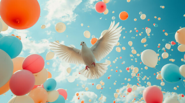 Liberation Day, one white dove against the sky covered with inflatable multicolor balloons.