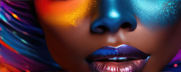 Beauty Africian Girl Face with Colorful make up. Fashion model woman in colorful bright lights