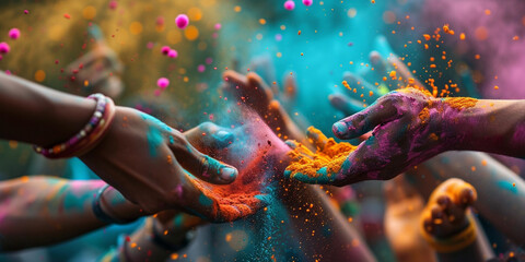 The photo captures a moment of vibrant color explosion from hands holding colored powders, symbolizing joy and celebration, typical of the Holi festival, with a blurred, warm background.
