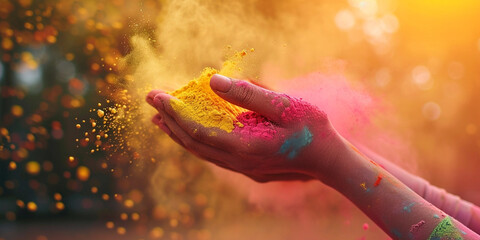 The photo captures a moment of vibrant color explosion from hands holding colored powders, symbolizing joy and celebration, typical of the Holi festival, with a blurred, warm background.
