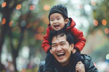The image portrays a heartwarming moment of a joyful father carrying his happy child on his...