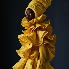 A woman in an elaborate yellow headpiece and ruffled garment exudes elegance and mystery against a dark background.