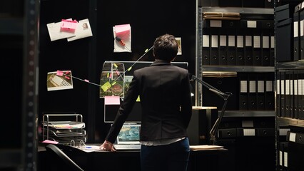 Police inspector reviewing proof hanged on board in incident room, using criminal expertise and...