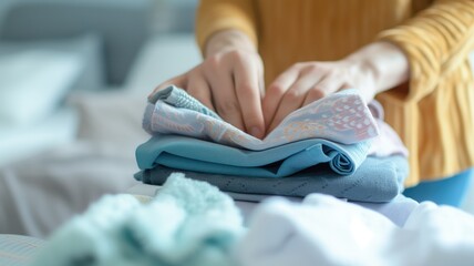 Fototapeta premium Hands folding blue towels on a white surface