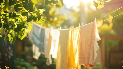 Clothes drying on a line in a sunny garden