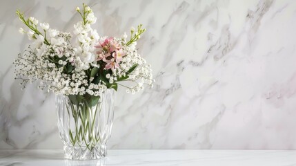 Blooming Flowers in Crystal Vase on Marble Countertop AI Generated