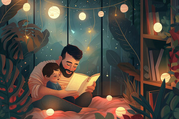The illustration shows a cozy scene where a father is reading a book to his child in a magical indoor tent with warm lighting and surrounding plants.
