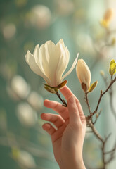 Hand touching magnolia flower