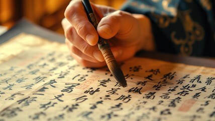 Close-up of calligraphy writing with a brush on paper