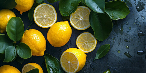 Vibrant yellow lemons with fresh green leaves, wet with water droplets, are artfully arranged on a dark, textured background, showcasing a refreshing and tangy citrus theme.
