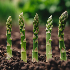 The photo displays green asparagus spears emerging from rich soil in a garden, showcasing early growth stages in a natural, agricultural setting.
