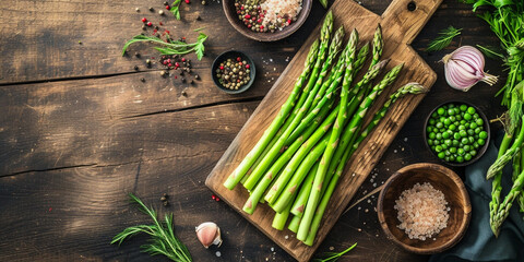 The photo shows fresh green asparagus on a wooden cutting board, accompanied by bowls of peas, salt, and mixed peppercorns, with herbs and a half-onion on a rustic table.
