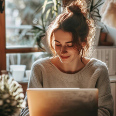 The image features a young woman smiling and working on her laptop in a cozy, sunlit room filled with houseplants, creating an atmosphere of warmth and productivity.
