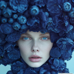 The image depicts a woman with striking blue eyes, wearing a headdress of lush blue grapes and leaves, evoking a surreal and artistic feel with a cool color scheme.
