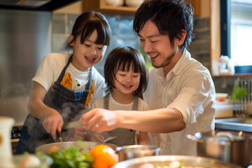 A joyful dad cooks with his two kids in a warm kitchen, stirring a colorful dish, reflecting family togetherness, home cooking, and the sharing of culinary traditions with children.
