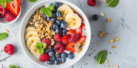 The photo features a bowl of healthy breakfast with granola, assorted fresh berries like strawberries, raspberries, and blueberries, banana slices, and mint leaves on a grey background.
