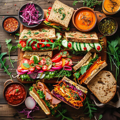 The photo displays various colorful vegetarian sandwiches neatly arranged on a wooden board, surrounded by bowls of sauces, greens, and sliced vegetables, indicating a healthy meal setup.