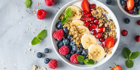 The photo features a bowl of healthy breakfast with granola, assorted fresh berries like strawberries, raspberries, and blueberries, banana slices, and mint leaves on a grey background.

