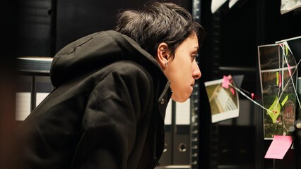 Law officer reviewing clues and proof in agency evidence room, conducting criminal police...