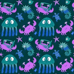 Sea cartoon summer animals seamless crabs and fish and jellyfish and seahorse pattern for wrapping paper and fabric