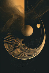 A circular abstract golden line art on a black background of two celestial bodies orbiting 