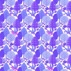 Abstract cartoon forest seamless trees and animals pattern with fox and bears and rabbit and bird for wrapping paper