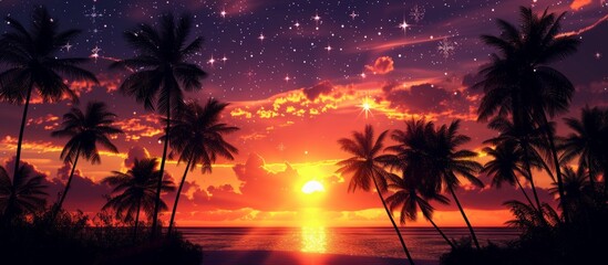 Fototapeta na wymiar Tropical paradise: stunning sunset over palm trees against vibrant orange sky on a summer evening