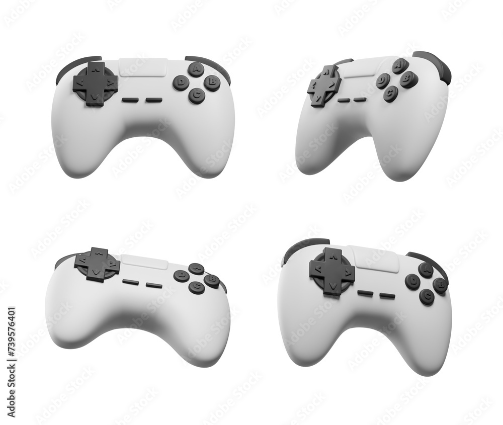 Poster four isolated images of a white game controller on a transparent backdrop. 3d rendering