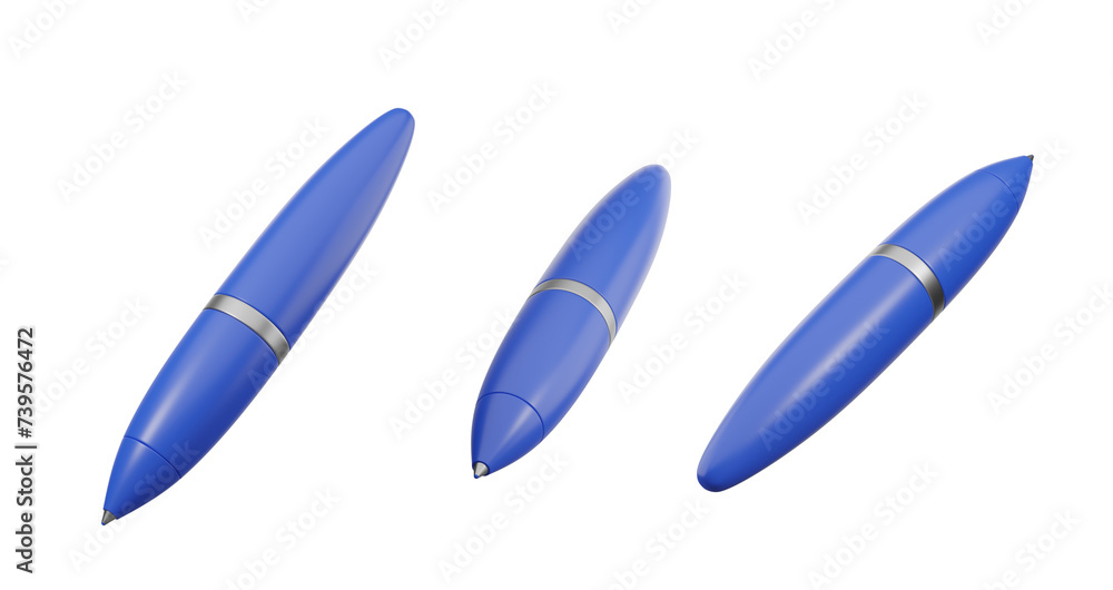 Poster three views of a blue isolated cartoon pen icon with a transparent design and a geometric background