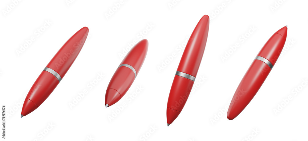 Poster a series of cartoon-style red pens isolated on a patterned background with transparent elements. 3d 