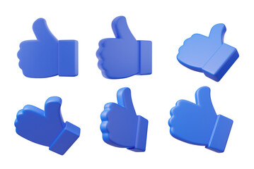 Six isolated blue cartoon thumbs-up icons with various angles displayed on a transparent background. 3d rendering