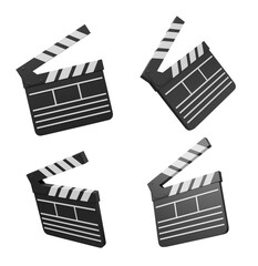 Four cartoon clapperboards with different orientations on a striped background. 3d rendering - obrazy, fototapety, plakaty