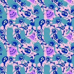 Halloween animals seamless frogs and pumpkins and ghost and skulls pattern for wrapping paper and fabrics