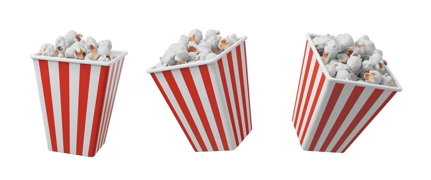 Three images of a cartoon-style popcorn box against various backdrops. 3d rendering