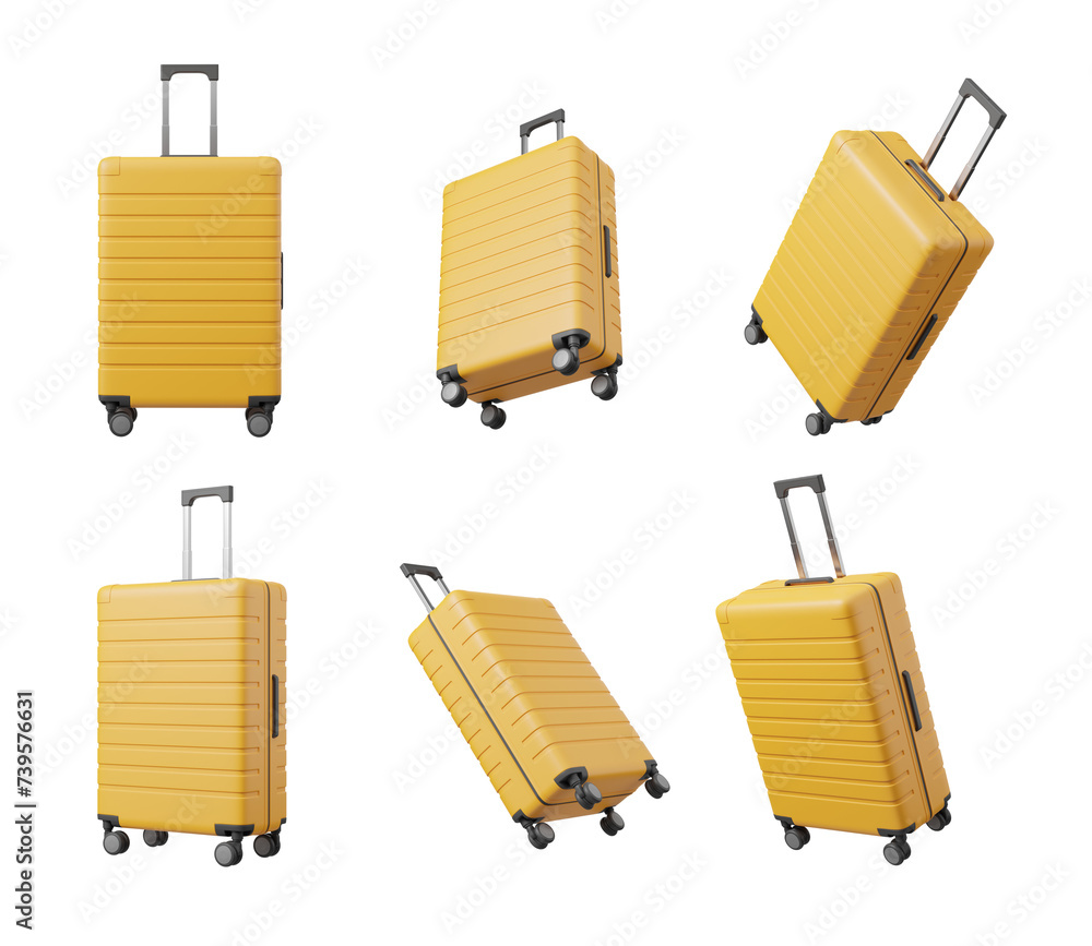 Poster multiple views of a yellow suitcase shown isolated against different backdrops, demonstrating a 360-
