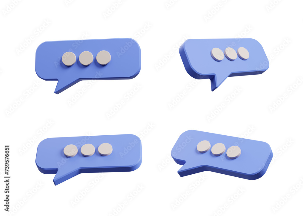 Poster four cartoon-styled speech bubble icons with a 3d effect, shown in different orientations on a trans