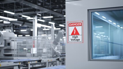 High voltage danger sign on interior wall next to safety glass in factory used to produce solar...