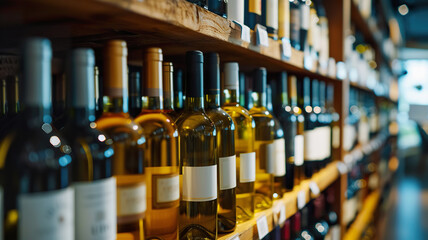 White and red wine bottles on wooden racks in wine store - obrazy, fototapety, plakaty