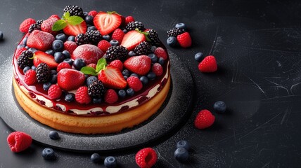 Berry-topped cheesecake on a dark surface